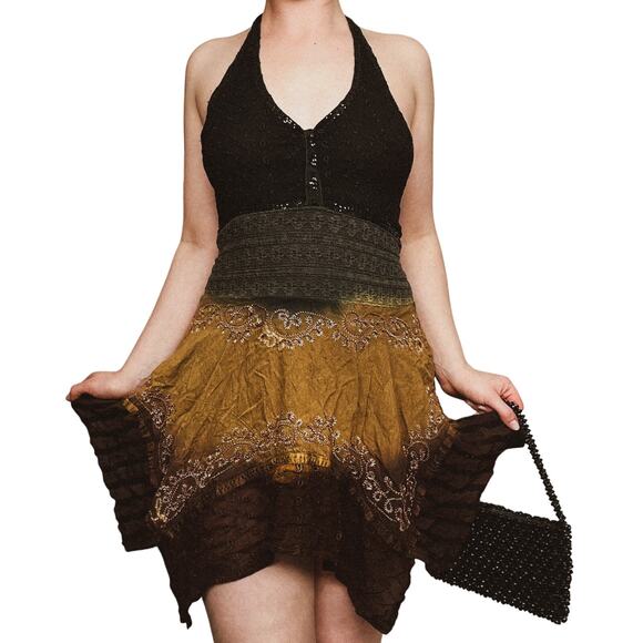 Vintage Dresses & Skirts - Fairy Fairycore Embroidered Handkerchief Smocked Bodice Halter Dress Mini Vneck